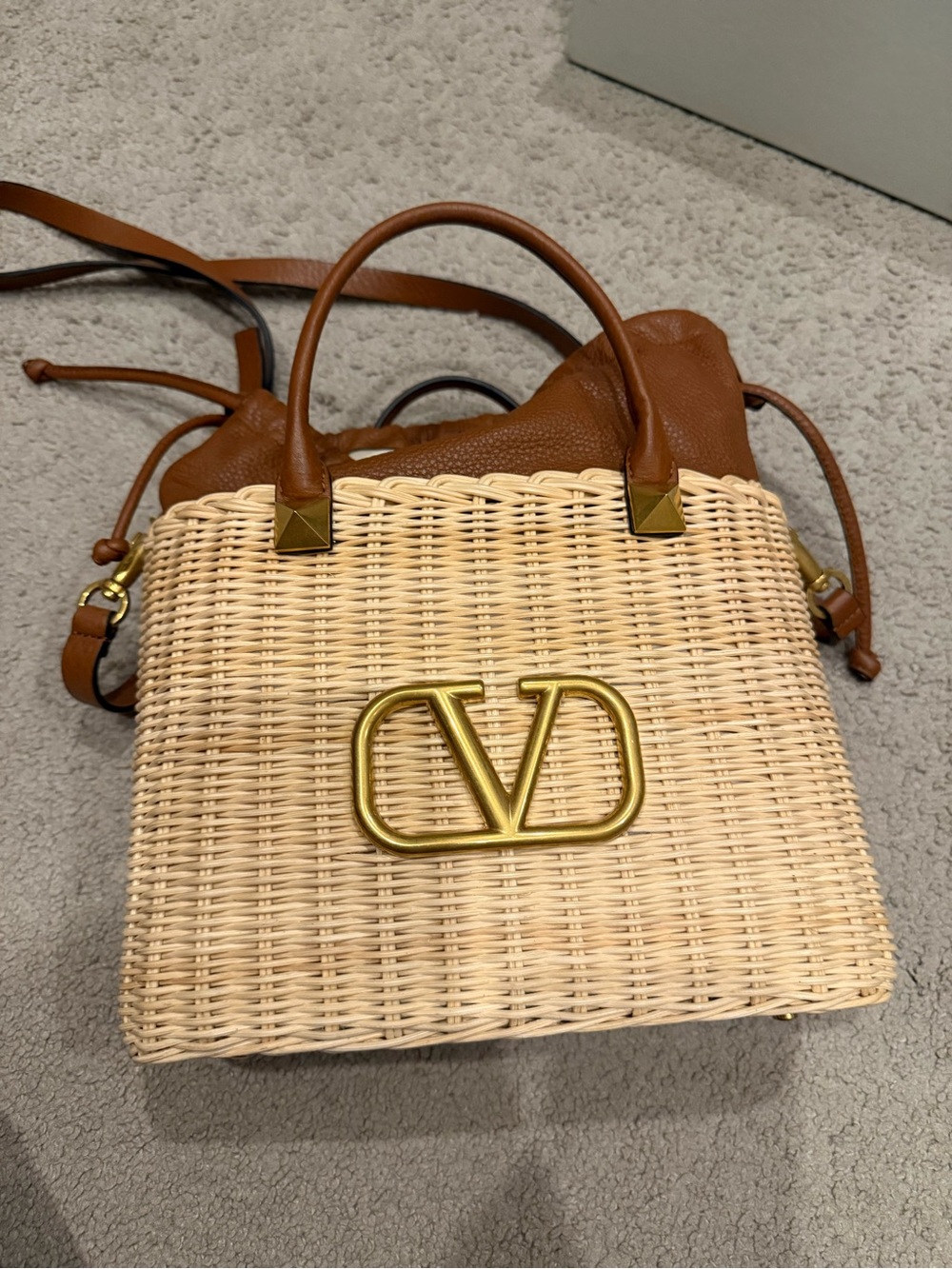 Valentino Garavani Woven Straw Satchel with Brown Leather Trim and Gold VLogo